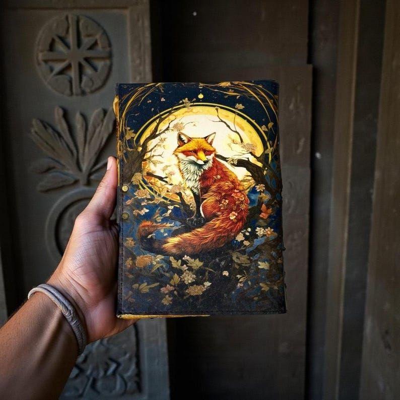 Fox Leather Grimoire | Handmade Spell Book of Shadows, Thick Vintage Deckle Paper Journal, Unique Fox Gift for Him and Her