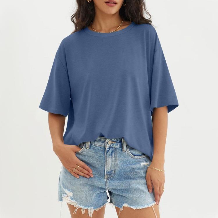 Solid Color Round Neck Top Women Casual Three Half Sleeve Fashionable