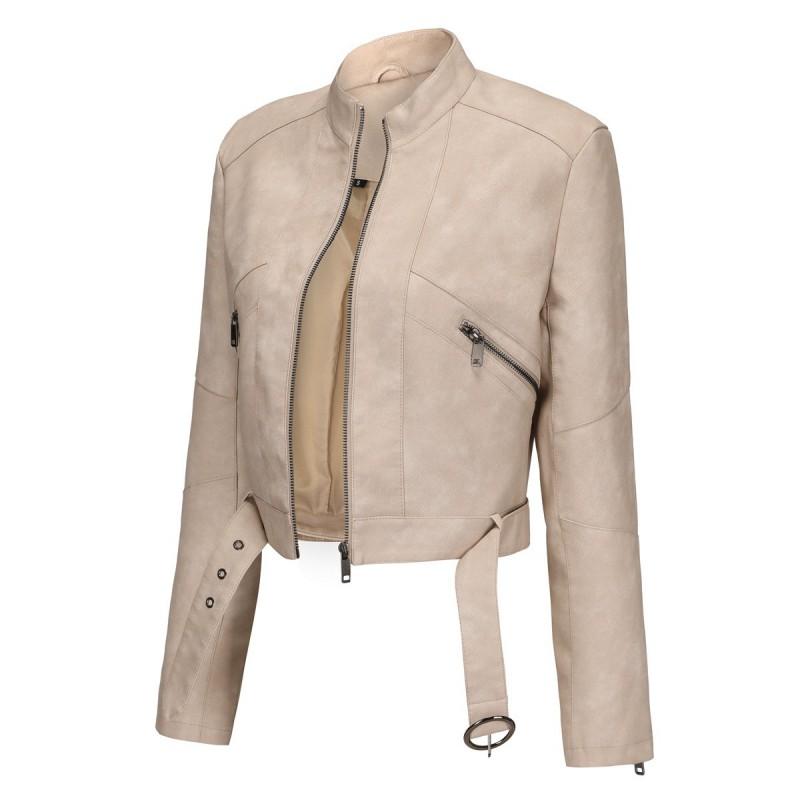 Womens PU Leather Moto Jacket With Belt Long Sleeve Zipper Coat Casual Outerwear