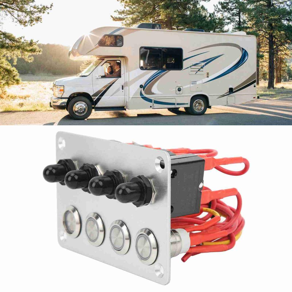 4 Gang Marine Switch Panel Blue LED Self Locking Push Button DC12V 16A Universal for Car Boat RV Tru