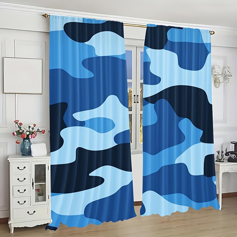 2pcs Contemporary Abstract Blue Camouflage Printed Curtains - Decorative Rod Pocket Window, Easy To Install, Machine Washable Po