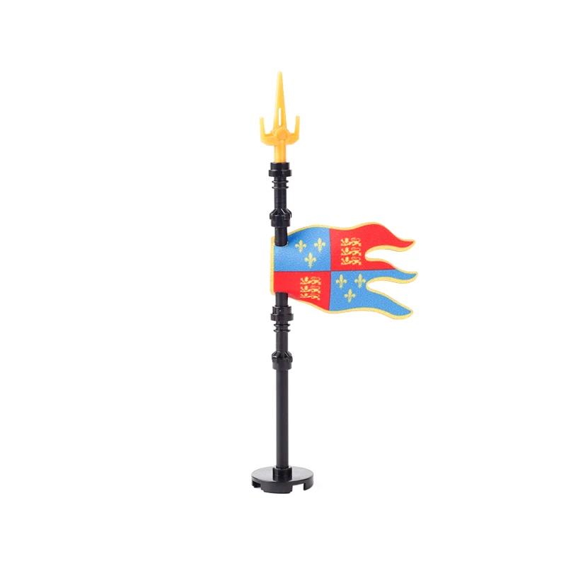 Medieval Army Empire Flag and Flagpole Set - Knight Building Blocks with Cloak and Weapon Bricks