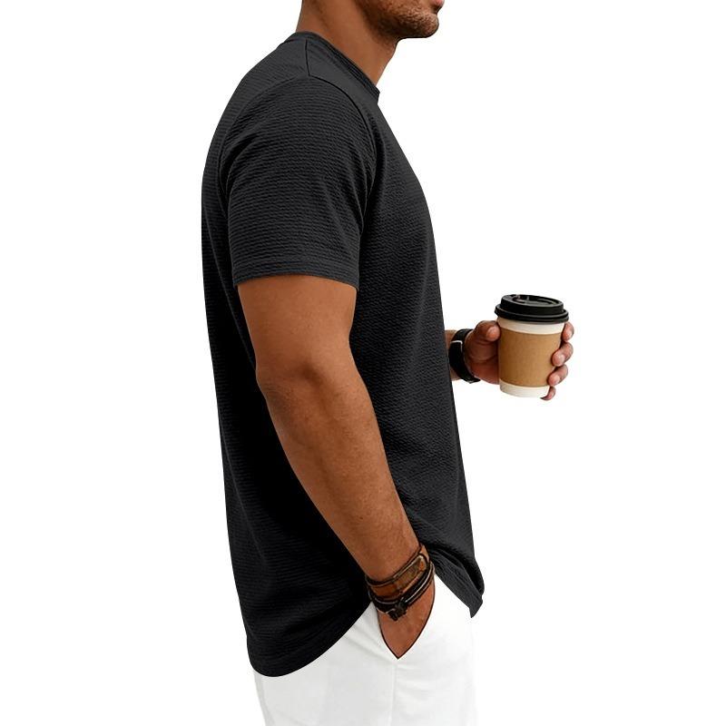 Men's Crew Neck Short Sleeve Knit T Shirt Textured Jacquard Casual Top.