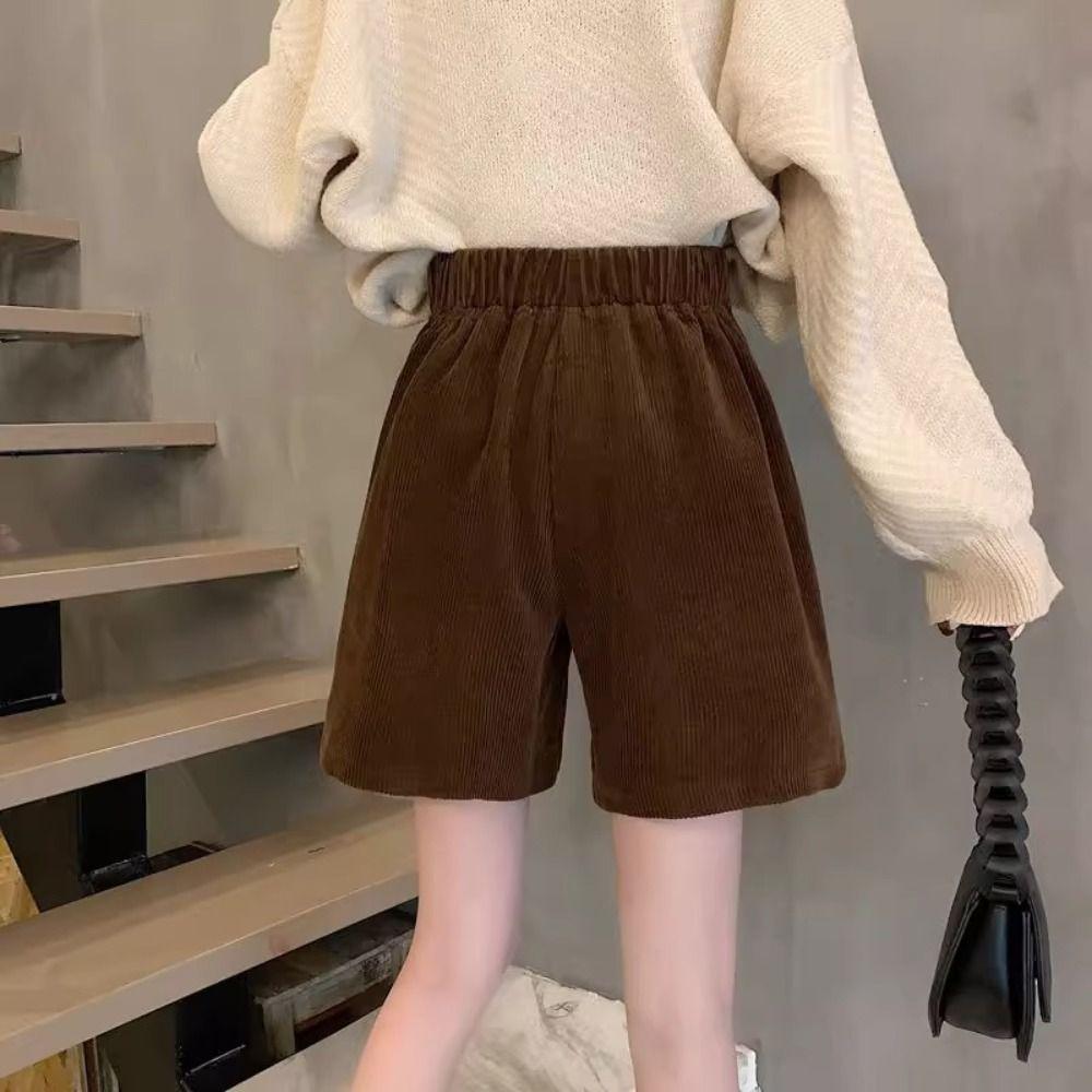 Elastic Women Corduroy Shorts Stripe Loose Streetwear Simple Wide Leg Short Pants  Daily