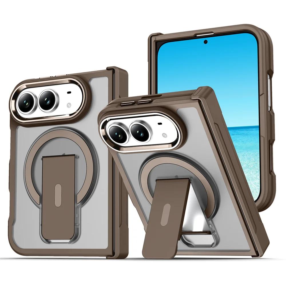 Folding Holder Stand Magnetic Phone Case For IPhone Duo IPhone Duo 18 Ultra Hinge Armor Solid Color Frosted Translucent Cover