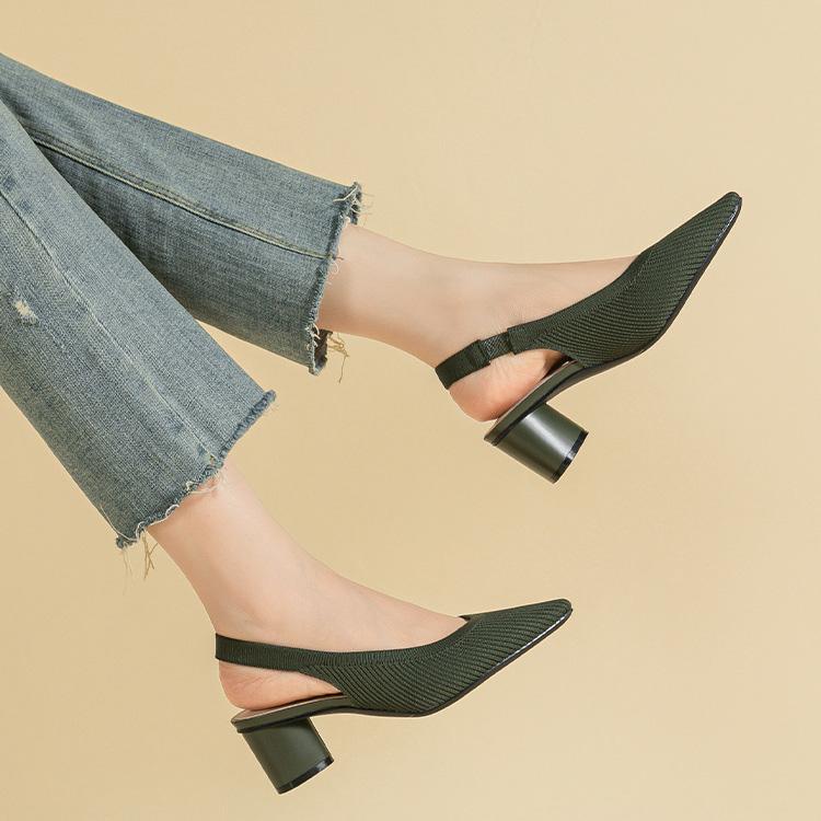 Women's Large Size Spring Sharp Pointed Toe Thick High Heel Single Shoes Casual Shallow Mouth Hollow Solid Color Buckle Knitted Sandals Shoes 34-43