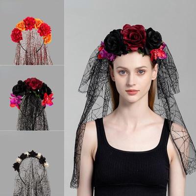 Simulation Flower Headband Women Headwear Flower Lace with Veil Black Rose Skull Head Bands for Party Halloween Day Cosplay Gift