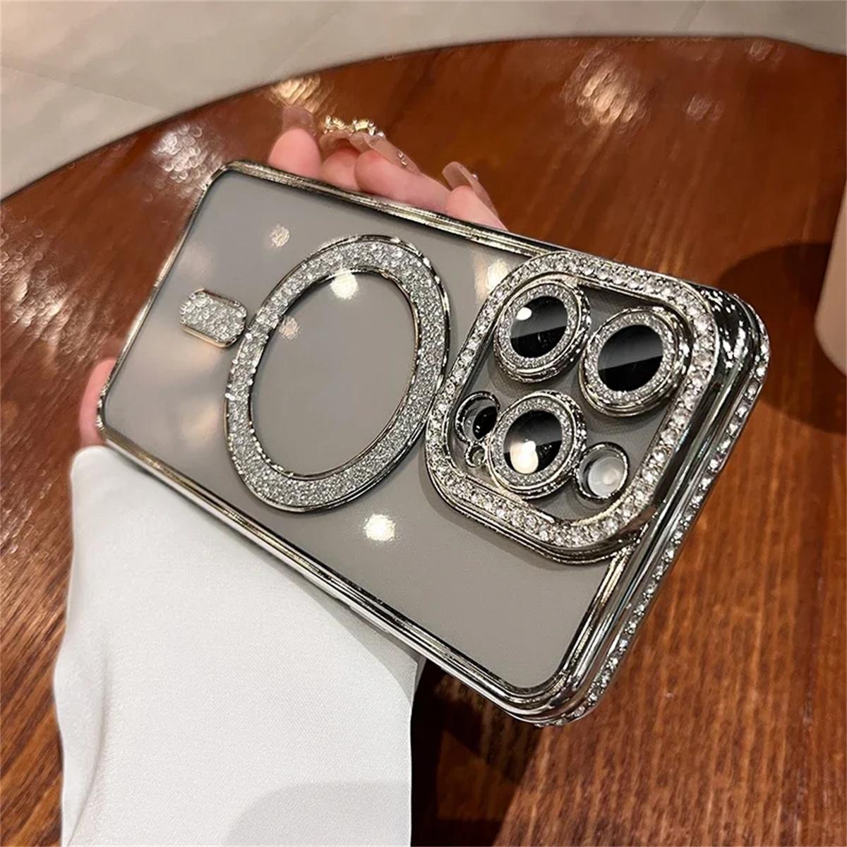 

Магнітний бездротовий чохол для заряджання Bling Glitter Rhinestone для iPhone 16 15 14 13 12 11 Pro Max Plus протиударний чохол з дорогоцінними каменями iPhone 16 срібний