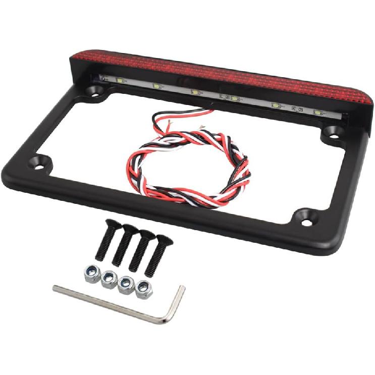 Universal Motorcycle Aluminum License Plate Frame w/LED Light Brake Tail Light, 7"×4"(OD) (Black-Red)