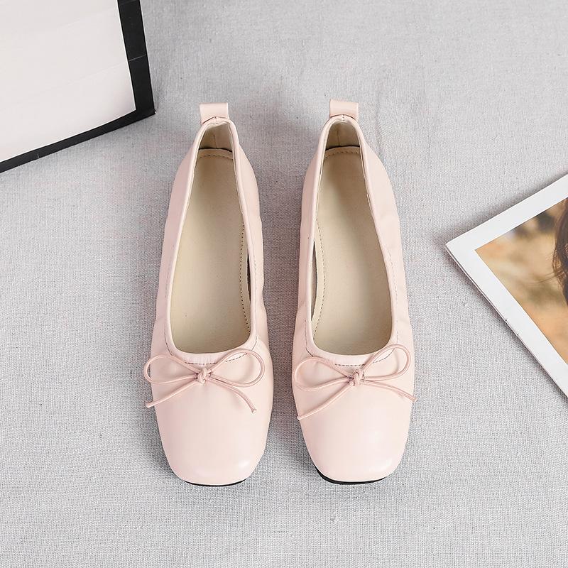 Flat Shoes Women Plus Size 44 Spring Square Head Shallow Mouth Single Shoes Flat Sole Versatile Soft Sole Bow Women's Shoes