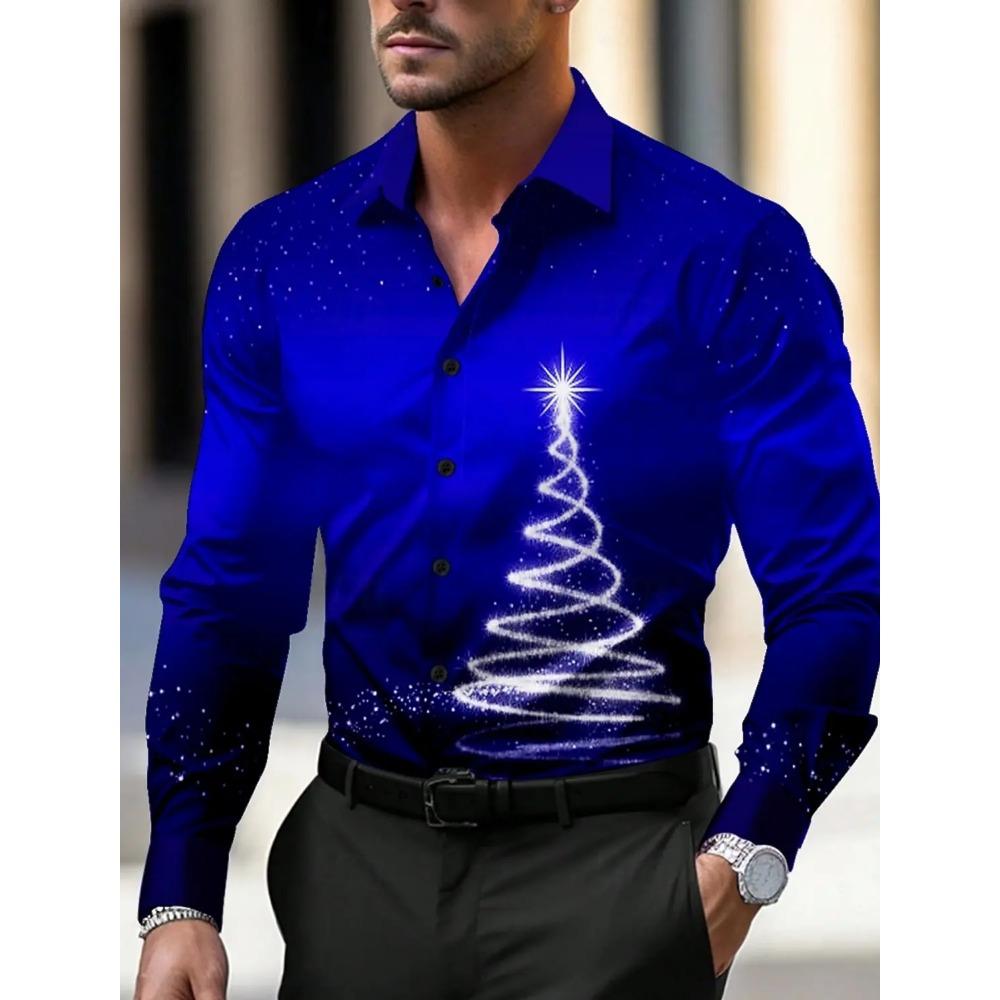 Temă de Crăciun Cămăși pentru bărbați cu imprimeu de brazi de Crăciun, grafică gradient fulg de zăpadă, cu nasturi, cu mâneci lungi, topuri la modă, subțiri