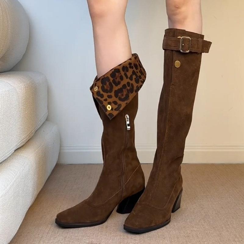 Stylish personality niche knight boots autumn and winter new two-wear belt buckle leopard print suede square head thick heel boots