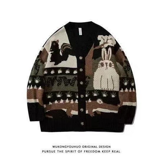 Унисекс Кардиган в стиле американского ретро с мультяшным узором - Модный свободный свитер в корейском стиле L