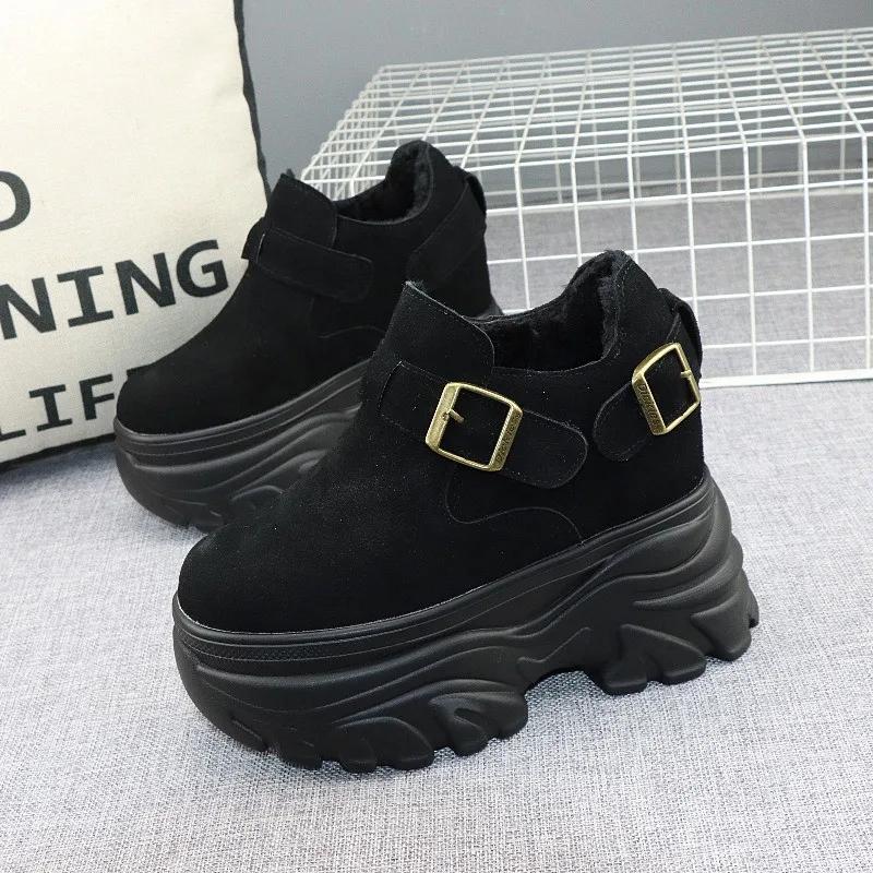 Increase 12CM Thick Soled Shoes Women's Winter New Cashmere Round Head Small 10cm Muffin Casual Women's Shoes Platform Boots