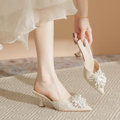 High Heels, Thin Heels, High-end Sense, Niche Design Sense, Bag Head Cool Slippers for Women's Spring New Flowers, Shallow Mouth Single Shoes