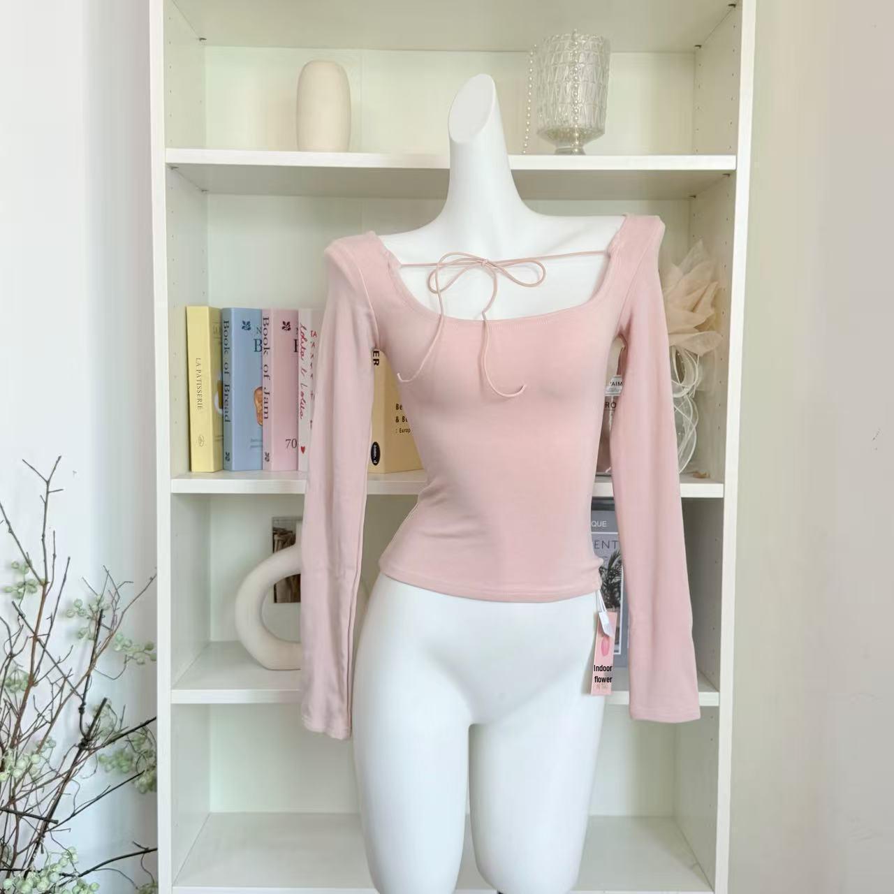 

Korean Style Cotton Brushed Winter Warmth Round Neck Lace-Up Long Sleeve Base Layer Shirt for Women M рожевий