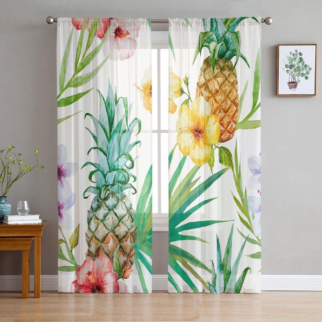 Toucan Flower Fruit Tropical Plants Pineapple Map Tulle Sheer Window Curtains For Living Room Bedroom Tulle Voile Curtains Decor
