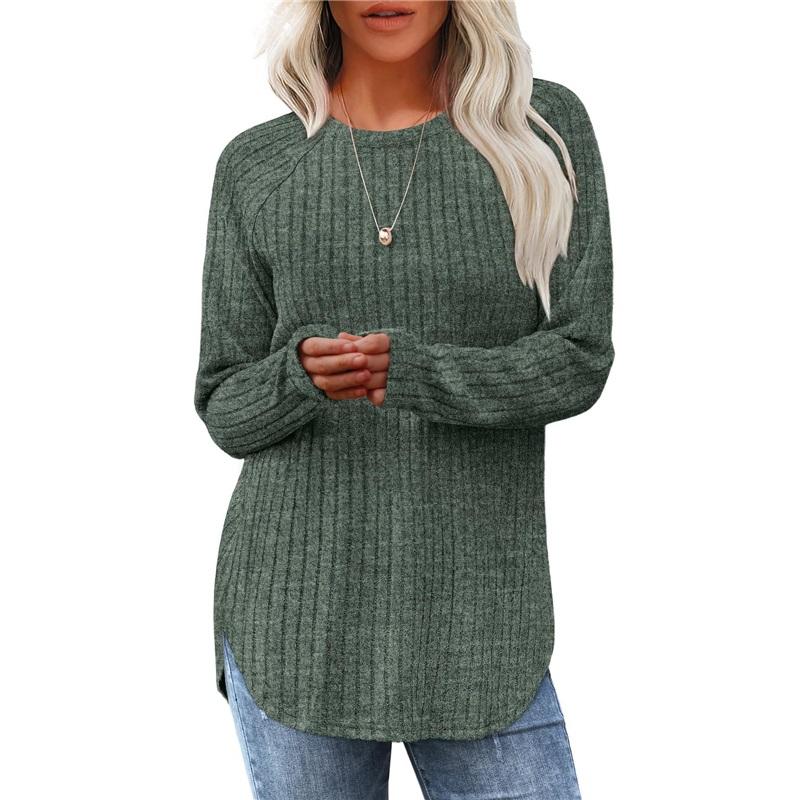 Autumn Women's Loose Fit Round Neck High Low Hem Long Sleeve Sweater Stylish Casual Top For Women Fashionable Fall Apparel
