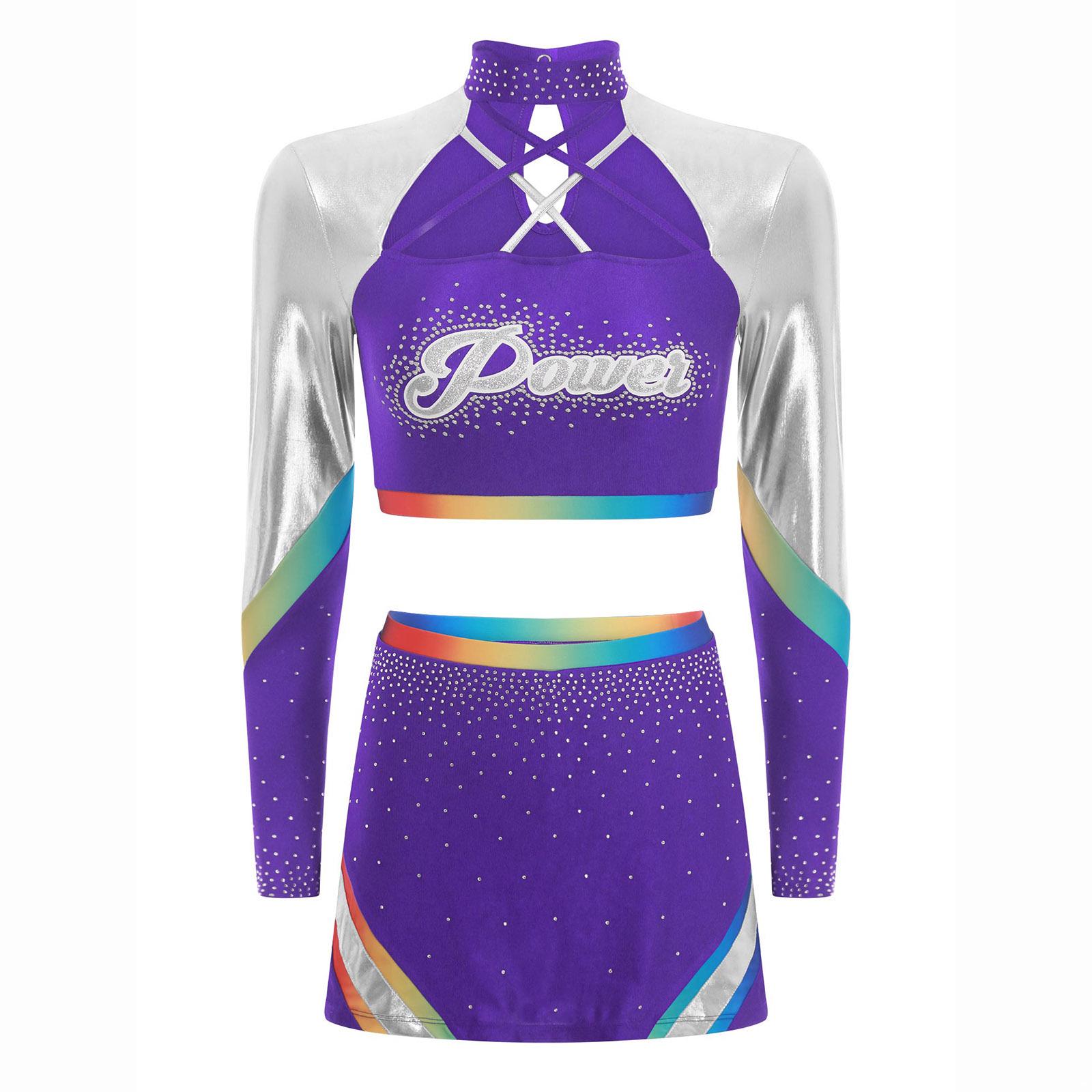 

Жіночий комплект форми для черлідингу з довгим рукавом, кроп-топ з перехресними бретелями, танцювальна спідниця, танцювальний одяг зі стразами, костюм для виступів XL фіолетовий