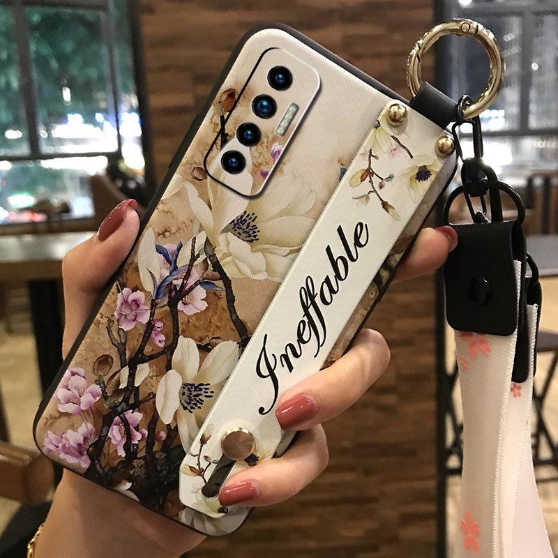Soft case Silicone Phone Case For Tecno Camon17P Dirt-resistant Flower Durable Wrist Strap Wristband Lanyard Ring
