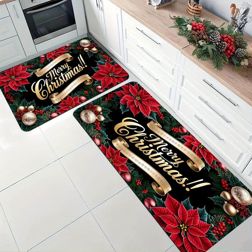Christmas Poinsettia Carpet Mat Rug - Red Black Plaid Design Home Decoration with Merry Christmas Banner Living Room Decoration