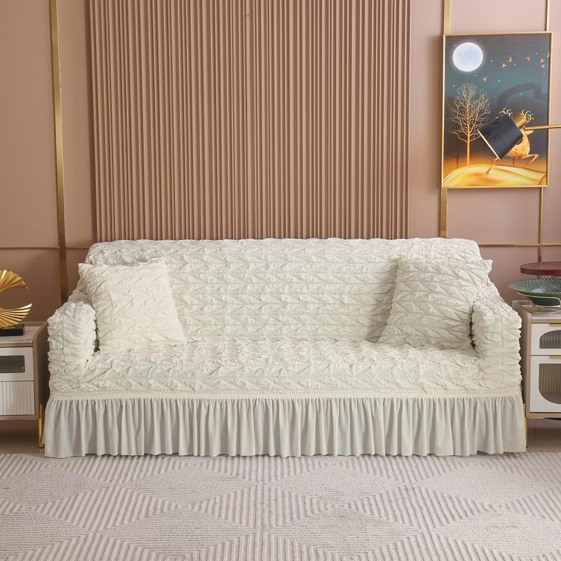 Stretchable Seersucker Sofa Cover Bubble Grid Design Washable Durable Easy Fit with Skirt Furniture Protector for Living Room