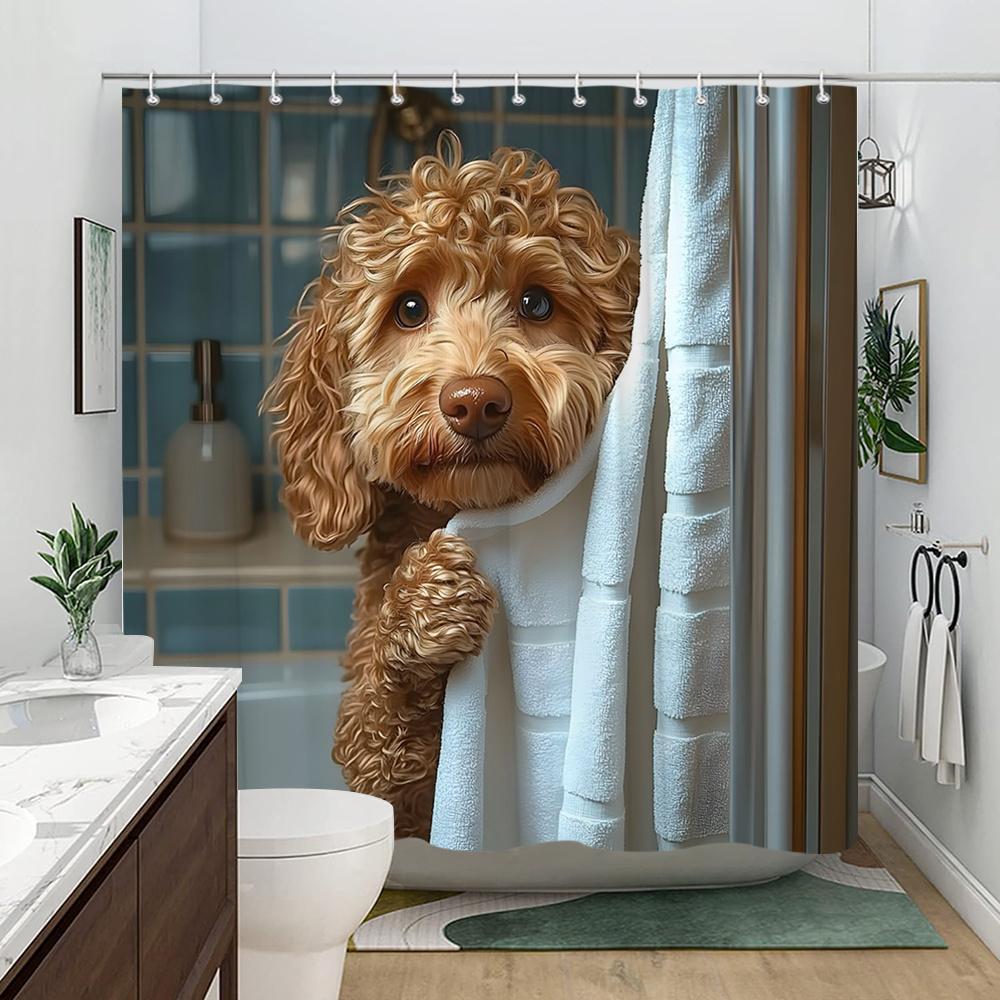 Jessica Chen 1 Piece Adorable Poodle Puppy Shower Curtain - Cute Peeking Dog Digital Art Decor - Washable Fabric Curtain - Moving Gift