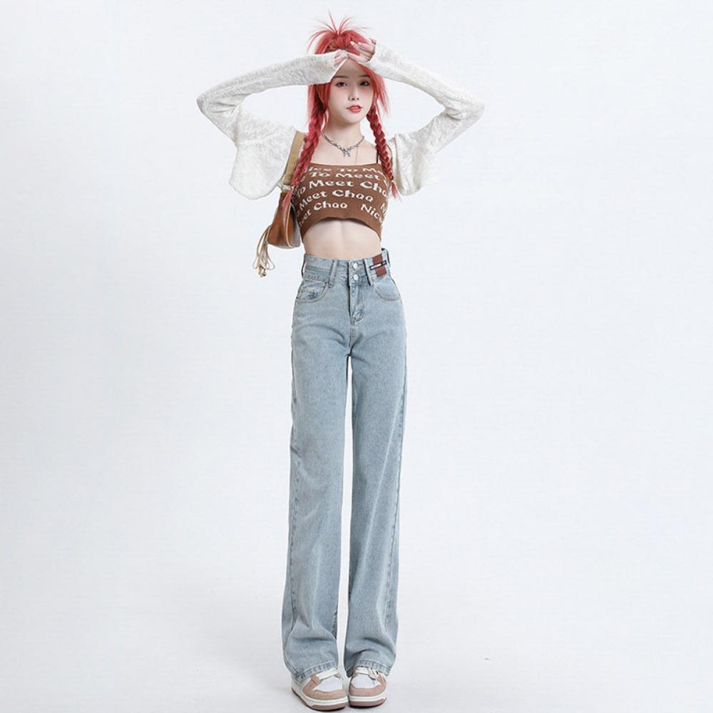 High Street Double-breasted Leather Brand Design Wide Leg Mopping Jeans Women's Spring and Summer New High Waist Straight Jeans