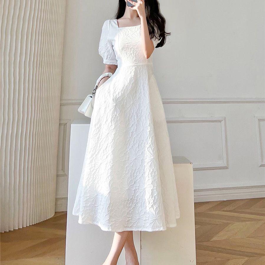 Women s Summer 2026 Retro French First Love Dress - Square Neck, Puff Sleeve, Waist-Cinched, Slimming, Gentle Long Skirt S (75-95 lbs)