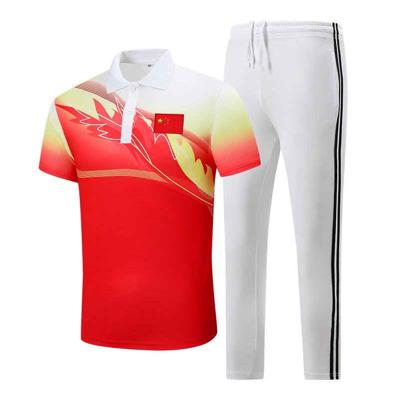 Men's and Women's Team Sports Casual Wear Set: Short Sleeve Top & Long Pants for Couples, Coaches, Group Exercise, and Square Dance.