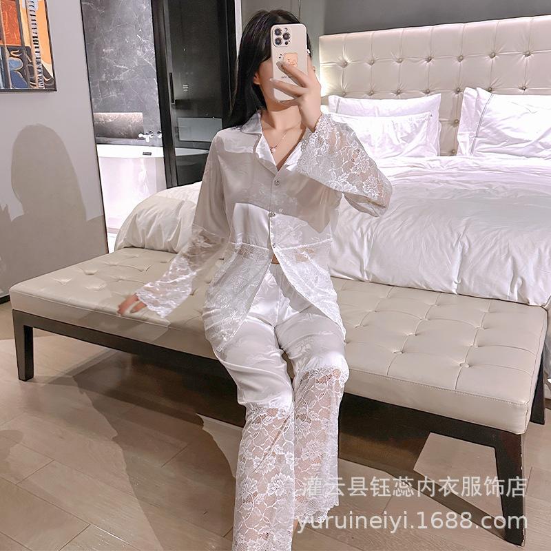 

Fairy style new satin printed lace lace lapel top and trousers new Chinese women s suit One size fits all