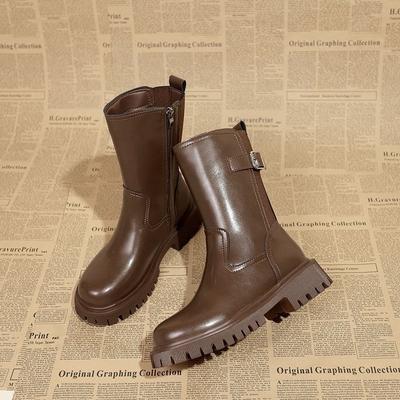 Women's Belt Buckle Short Boots Round Toe 4cm Square Heel Mid-Calf Boots Retro Leather Brown Winter Warm Side Zipper Women Shoes