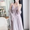 French Lace Suspender Nightdress Women's Ice Silk Long Style with Chest Pad Pure Desire Style Sexy Loungewear Pajamas Two-piece Set