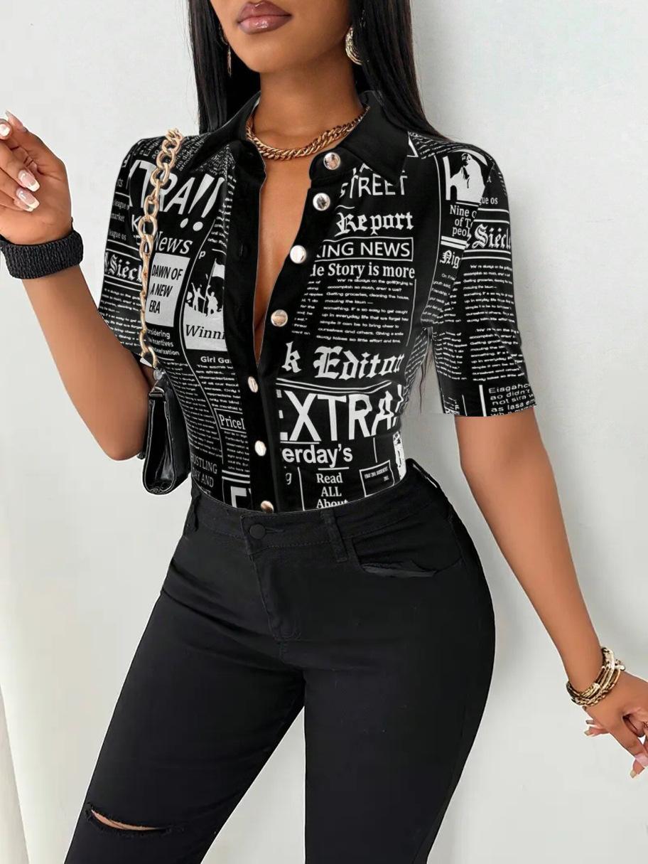 

Women s Short Sleeve Collar Newspaper Print T-shirt Multi Colors S чёрный