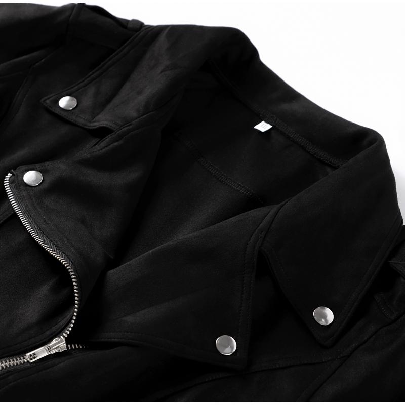 Jaqueta Vintage de Couro Camurça Sintético Slim Fina Feminina Gola Virada para Baixo Zíper Casaco Curto Manga Comprida Jaquetas Sólidas Estilo Motociclista Casual Outono Inverno