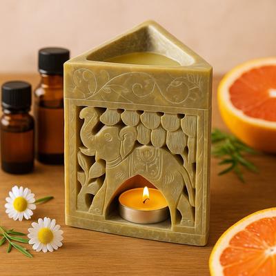 Soapstone Essential Oil Burner Triangle Elephant Carvings India