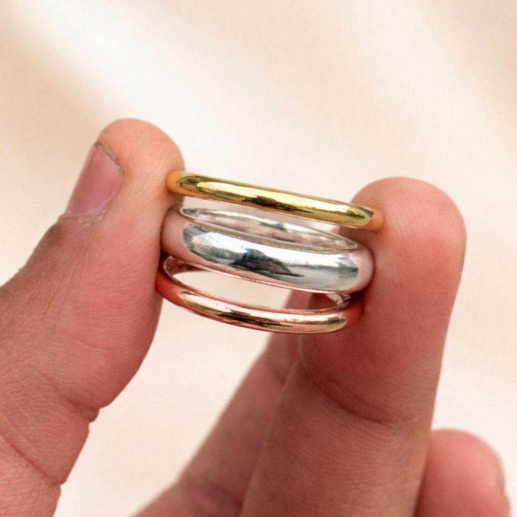 Mixed Metal Dome Ring Set – Silver Copper Brass Stacking Band Rings, Minimalist Handmade Jewelry