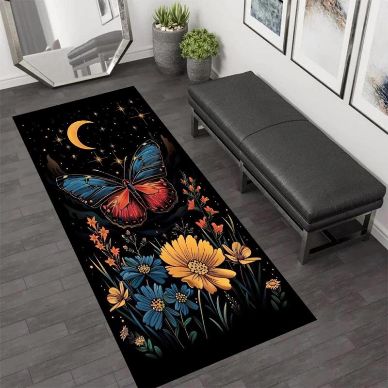 Celestial Butterfly Floral Runner Area Rug Carpet, Non Slip Floor Mat, Black Moon Star Print Washable Kitchen Rug Mystical Decor