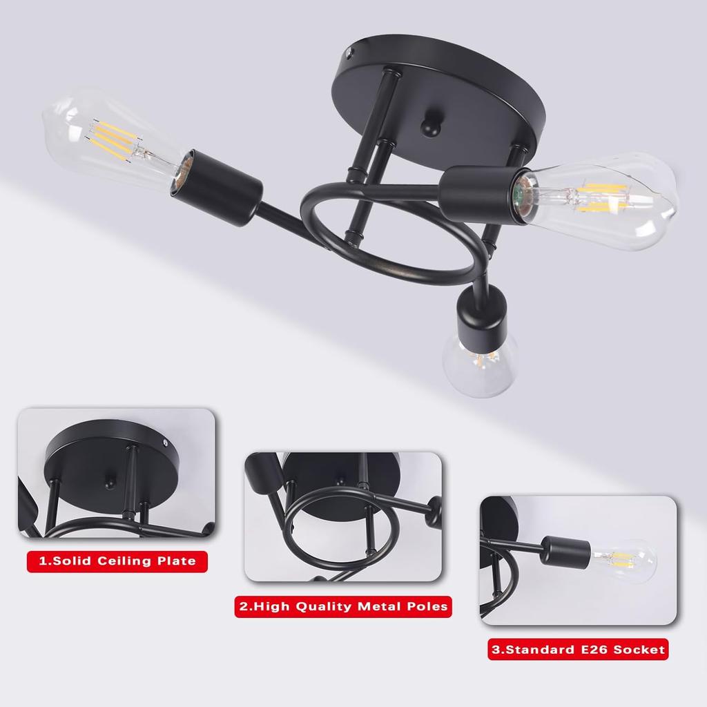 Semi Flush Mount Ceiling Light Metal Black Sputnik Chandelier 3 Light E27 Bulb Base Near Ceiling Light for Living Room Hallway