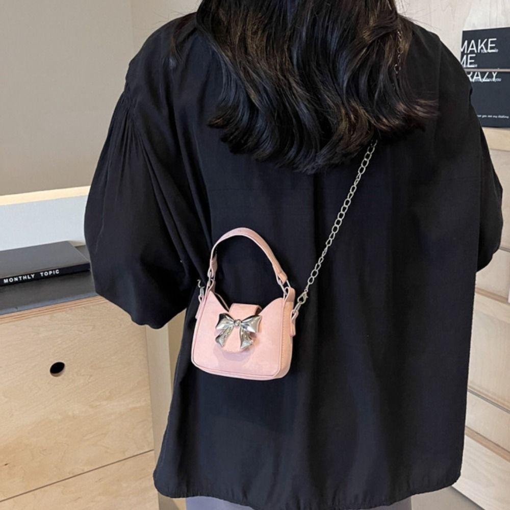 Mini Bow Buckle PU Bag Pu Leather Women's Shoulder Bag Trendy Silver Bucket Bag  Children's