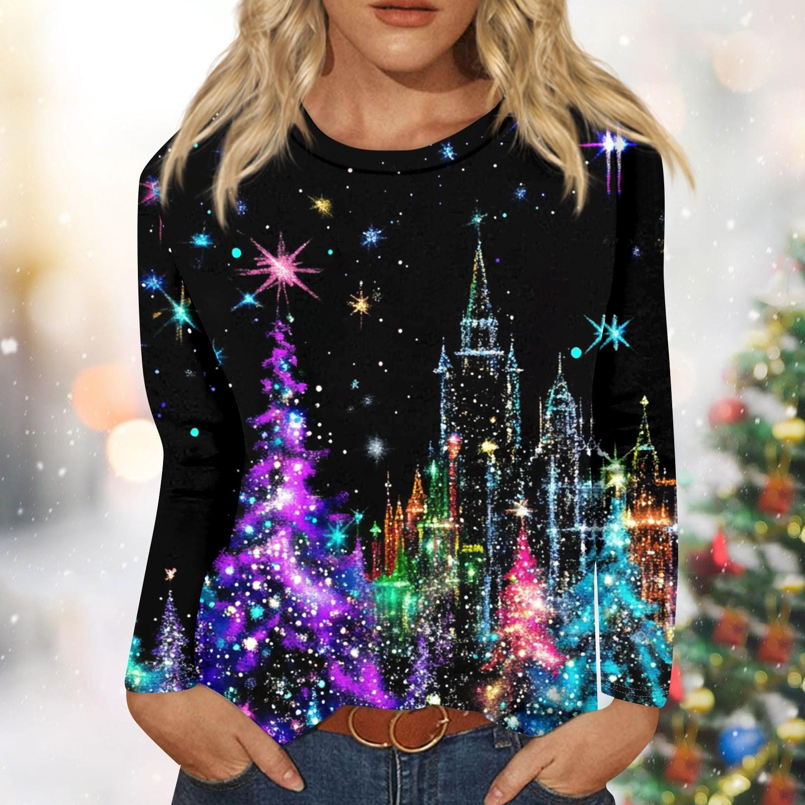 

Рубашки с длинным рукавом для женщин Милые принты Графические футболки Блузки Нарядные повседневные блузки Плиссированные туники с круглым вырезом Топы Рождество XL коричневый