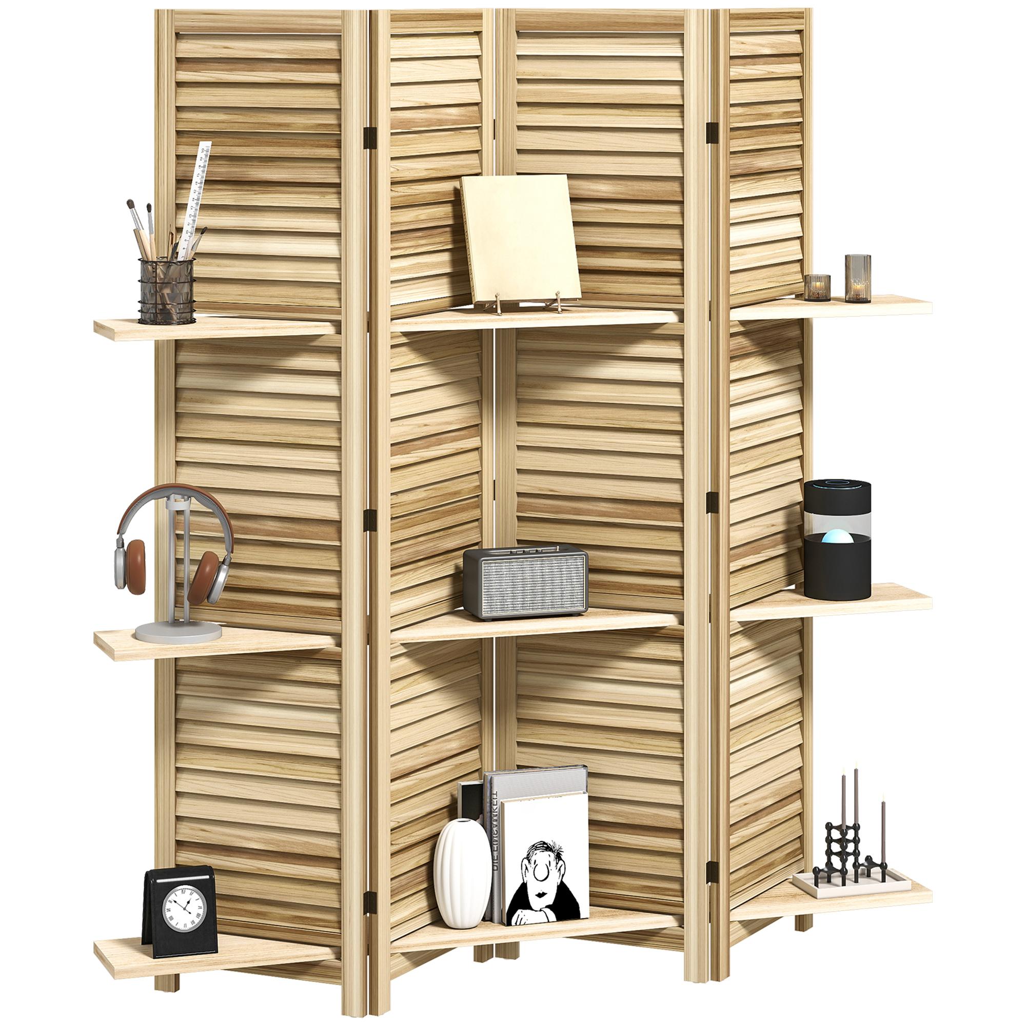 Paravent en Bois Intérieur 4 Panneaux 160 X 170 Cm Séparateur de Pièce Pliant Avec 3 Étagères Bois Naturel