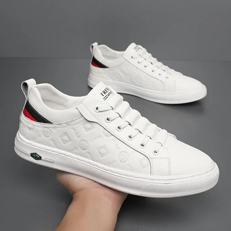 New Shoes for Men Genuine Leather Casual Shoes Street Trend White Flat Skateboard Shoes Man Cow Leather Lace-up Sneakers