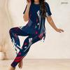 Women Plus Size Round Neck Short Sleeve Red Blue Printed Side Split Top Fitted Pants Two Piece Set
