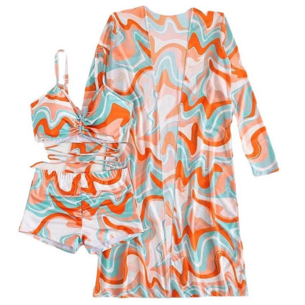 European and American Swimsuit Women's Split Three -Piece High Waist Long Sleeve Blouse Drawstring Suit