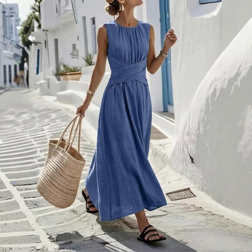 European and American women's sleeveless cross-waist pleated dress Tencel hemp blended minimalist dress