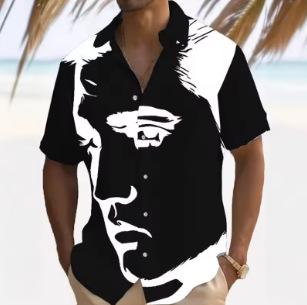 Simple Men s Shirt, Face Print Short Sleeve Shirt Beach Casual Clothing Loose Hawaiian XXS