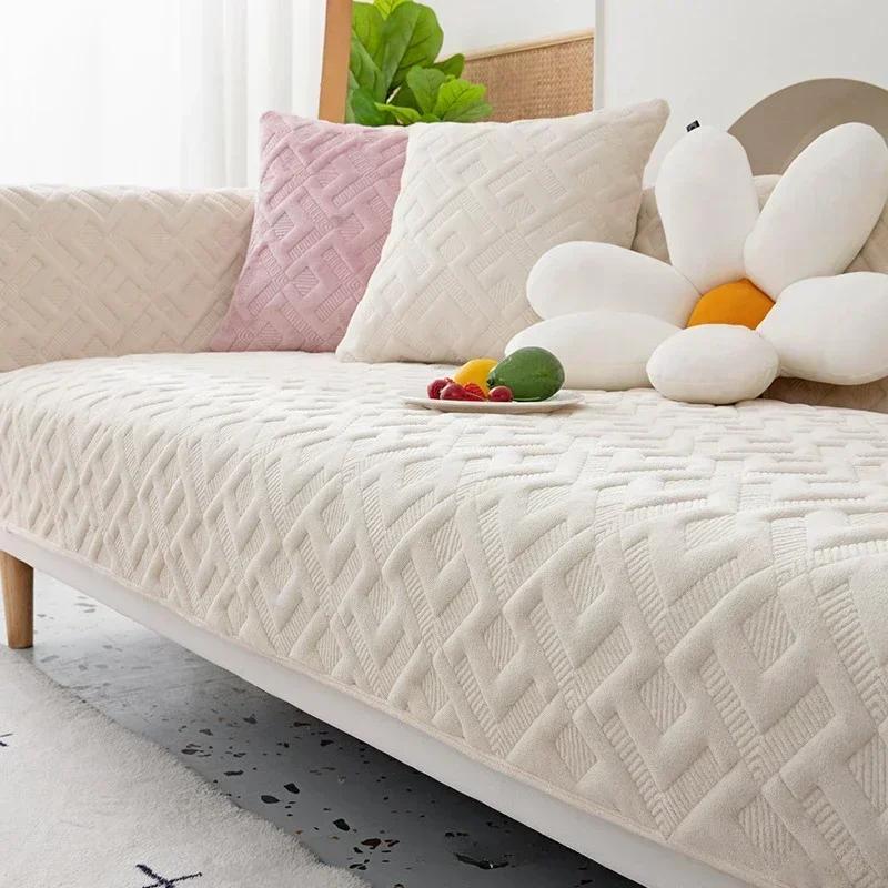 Leaf Patterned Plush Sofa Cushion Pillowcase Solid Color Anti Slip Winter Sofa Towel Wave Edged Diamond Patterned Sofa Cover
