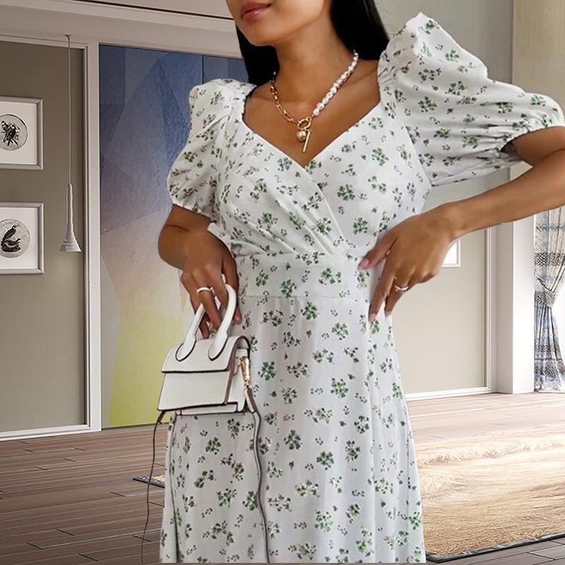 European and American women's clothing new fashionable, sexy V-neck bubble sleeves French elegant floral dress women