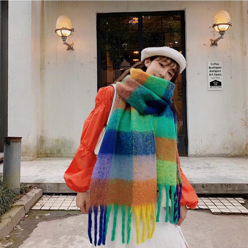 Rainbow Scarf Female Winter Shawl Couple Colorful Plaid Warm and Thickened Ins Fashion Cute Girl Student Versatile